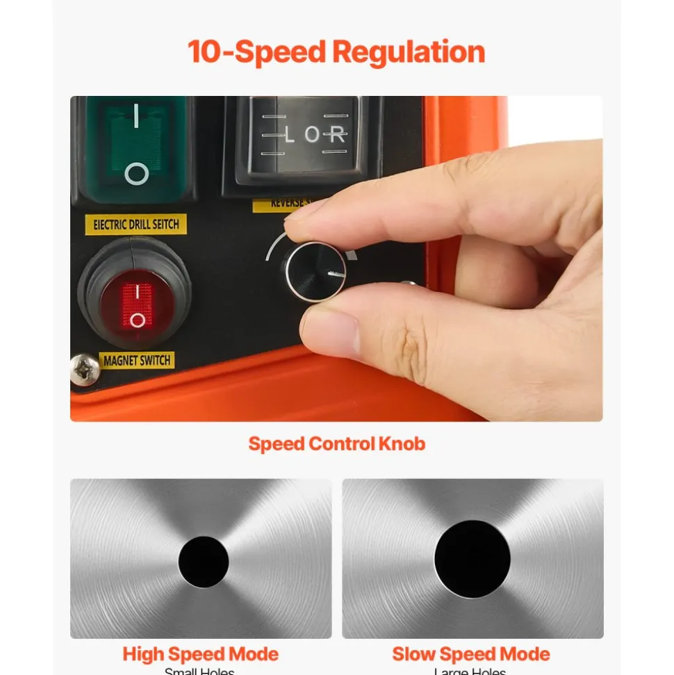 VEVOR Magnetic Drill, 1450W Motor 2 in Coring Diameter, 2922 lbf Magnetic Force, Portable Electric Mag Drill Press with 6 Coring Bits, Variable Speed, Drilling Machine for Metal Surface, Industrial