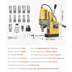 VEVOR Magnetic Drill, 1400W Motor 1.6 in Boring Diameter, 2810 lbf Portable Electric Mag Drill Press, with 11 Coring Bits, 800 RPM Speed, Drilling Machine for Metal Surface, Home Improvement Industry
