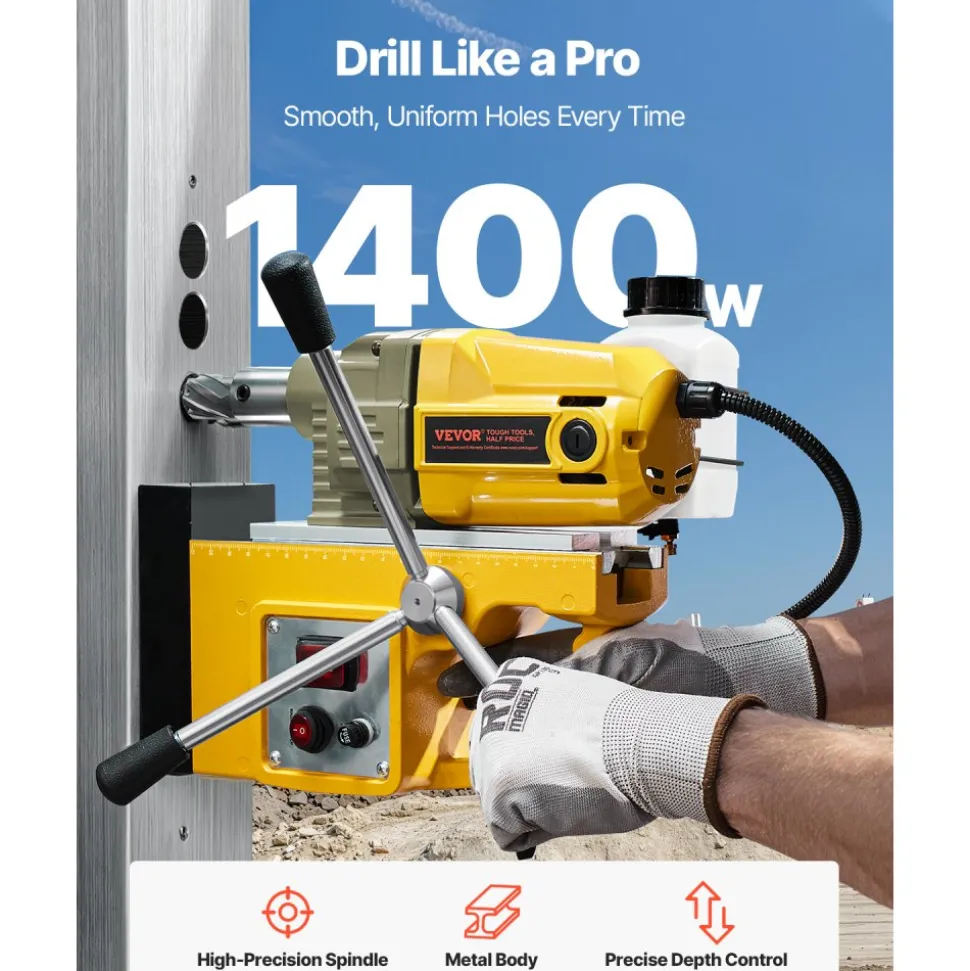VEVOR Magnetic Drill, 1400W Motor 1.6 in Boring Diameter, 2810 lbf Portable Electric Mag Drill Press, 800 RPM No-Load Speed, Drilling Machine for Metal Surface, Industrial and Home Improvement