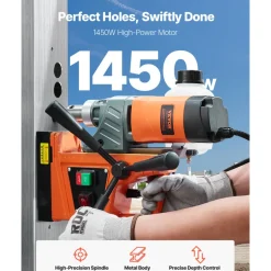 VEVOR Magnetic Drill, 1450W Motor 1.6 in Boring Diameter, 2810 lbf Portable Electric Mag Drill Press, with 11 Coring Bits, 850 RPM Speed, Drilling Machine for Metal Surface, Home Improvement Industry