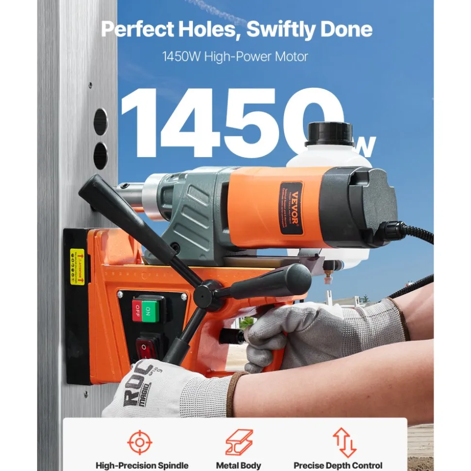 VEVOR Magnetic Drill, 1450W Motor 1.6 in Boring Diameter, 2810 lbf Portable Electric Mag Drill Press, with 11 Coring Bits, 850 RPM Speed, Drilling Machine for Metal Surface, Home Improvement Industry