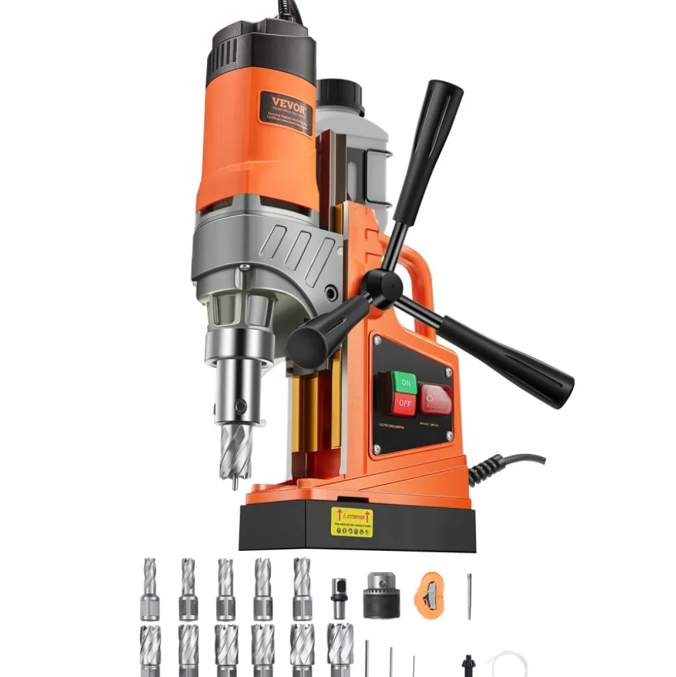 VEVOR Magnetic Drill, 1450W Motor 1.6 in Boring Diameter, 2810 lbf Portable Electric Mag Drill Press, with 11 Coring Bits, 850 RPM Speed, Drilling Machine for Metal Surface, Home Improvement Industry