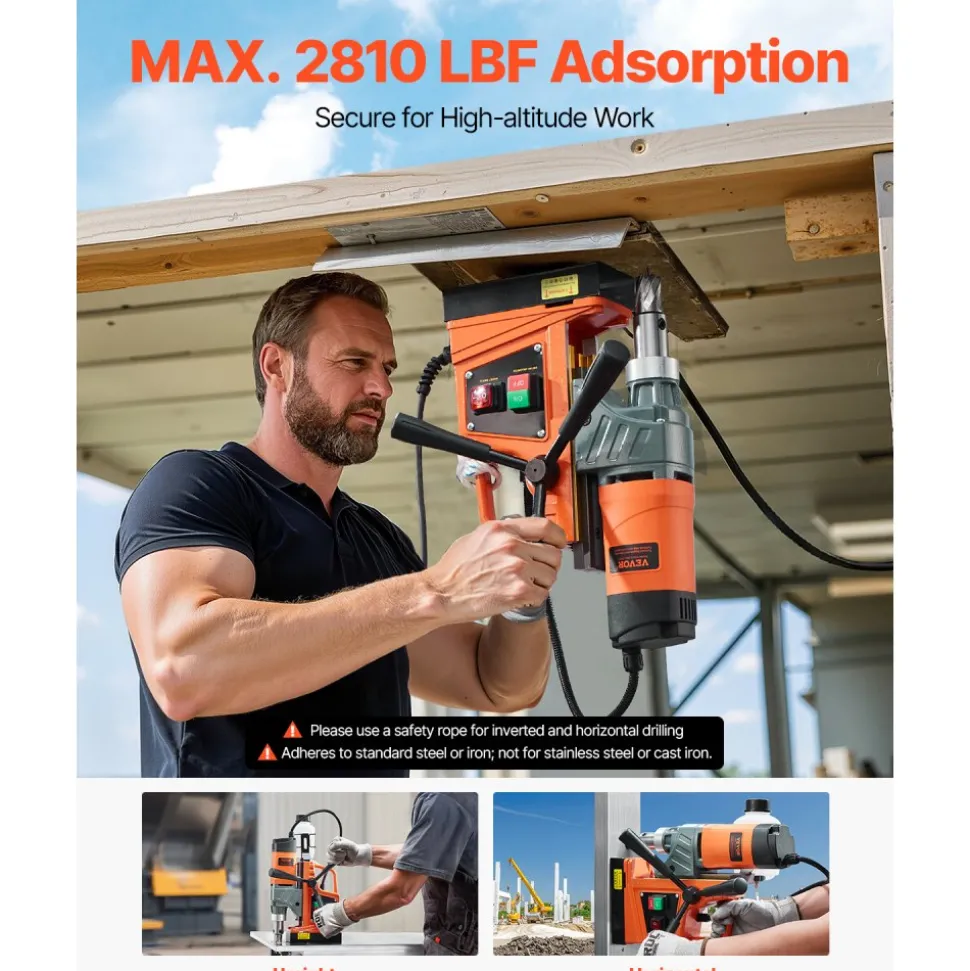 VEVOR Magnetic Drill, 1450W Motor 1.6 in Boring Diameter, 2810 lbf Portable Electric Mag Drill Press, with 11 Coring Bits, 850 RPM Speed, Drilling Machine for Metal Surface, Home Improvement Industry