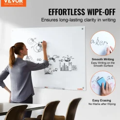 VEVOR Magnetic Glass Whiteboard, Dry Erase Board 48"x32", Wall-Mounted Large White Glassboard Frameless, with Marker Tray, an Eraser and 2 Markers, White