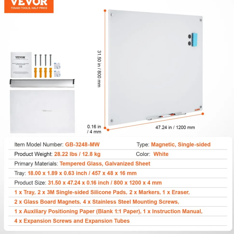 VEVOR Magnetic Glass Whiteboard, Dry Erase Board 48"x32", Wall-Mounted Large White Glassboard Frameless, with Marker Tray, an Eraser and 2 Markers, White