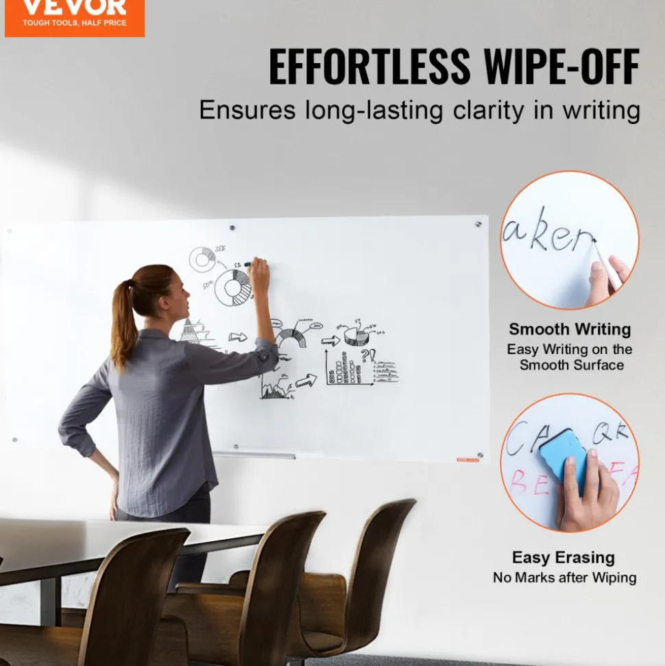 VEVOR Magnetic Glass Whiteboard, Dry Erase Board 72"x36", Wall-Mounted Large White Glassboard Frameless, with Marker Tray, an Eraser and 2 Markers, White