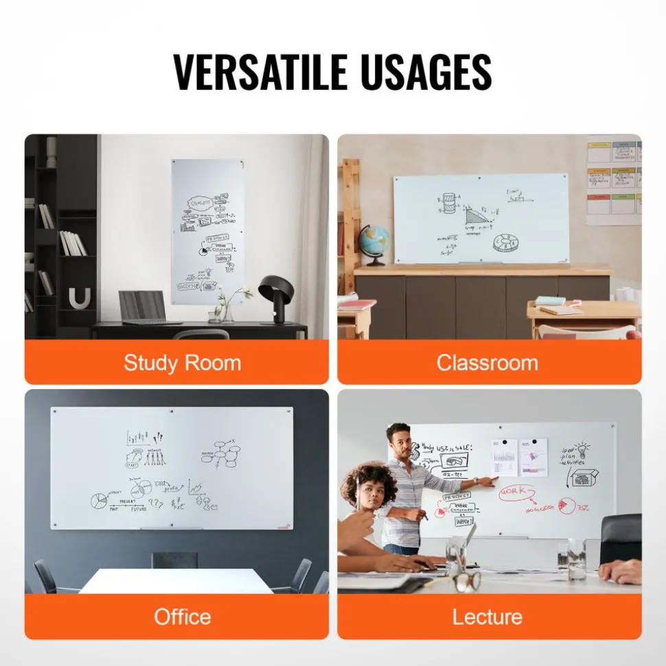 VEVOR Magnetic Glass Whiteboard, Dry Erase Board 72"x36", Wall-Mounted Large White Glassboard Frameless, with Marker Tray, an Eraser and 2 Markers, White