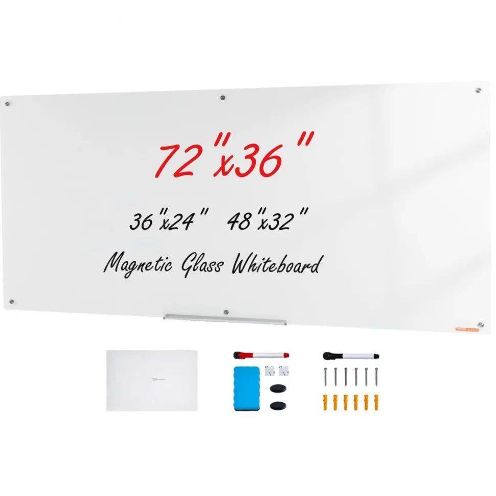 VEVOR Magnetic Glass Whiteboard, Dry Erase Board 72"x36", Wall-Mounted Large White Glassboard Frameless, with Marker Tray, an Eraser and 2 Markers, White