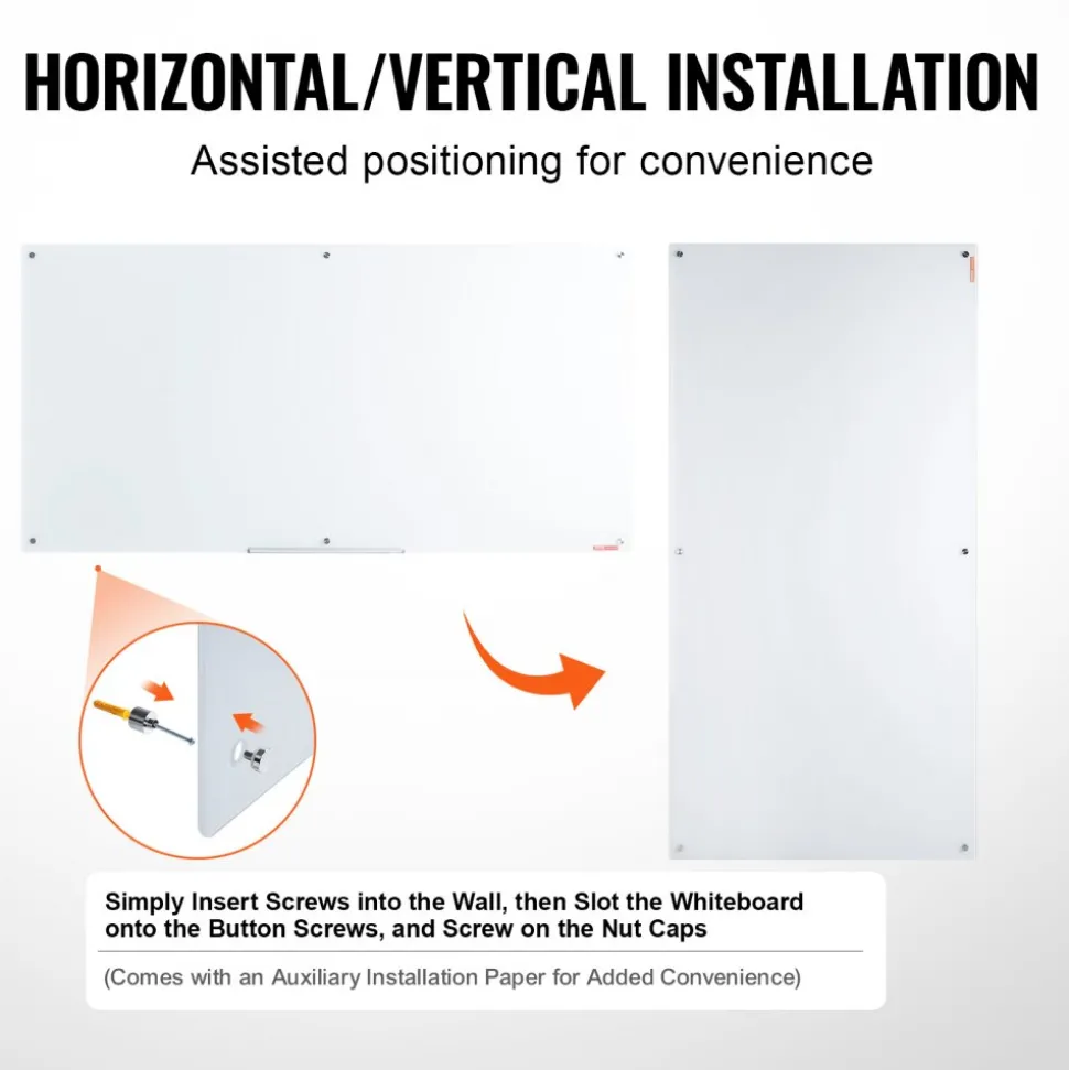 VEVOR Magnetic Glass Whiteboard, Dry Erase Board 72"x36", Wall-Mounted Large White Glassboard Frameless, with Marker Tray, an Eraser and 2 Markers, White