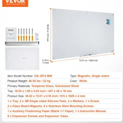 VEVOR Magnetic Glass Whiteboard, Dry Erase Board 72