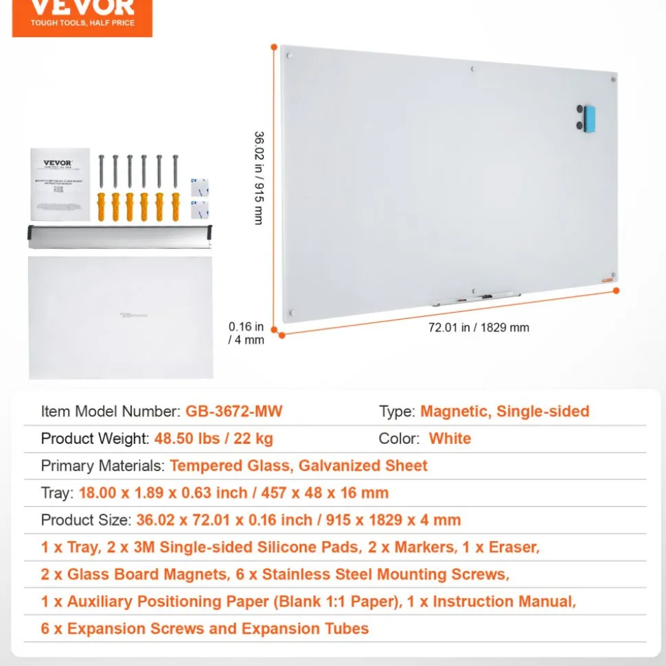 VEVOR Magnetic Glass Whiteboard, Dry Erase Board 72"x36", Wall-Mounted Large White Glassboard Frameless, with Marker Tray, an Eraser and 2 Markers, White