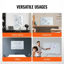 VEVOR Magnetic Glass Whiteboard, Dry Erase Board 36"x24", Wall-Mounted Large White Glassboard Frameless, with Marker Tray, an Eraser and 2 Markers, White