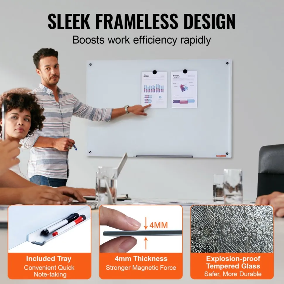 VEVOR Magnetic Glass Whiteboard, Dry Erase Board 36"x24", Wall-Mounted Large White Glassboard Frameless, with Marker Tray, an Eraser and 2 Markers, White