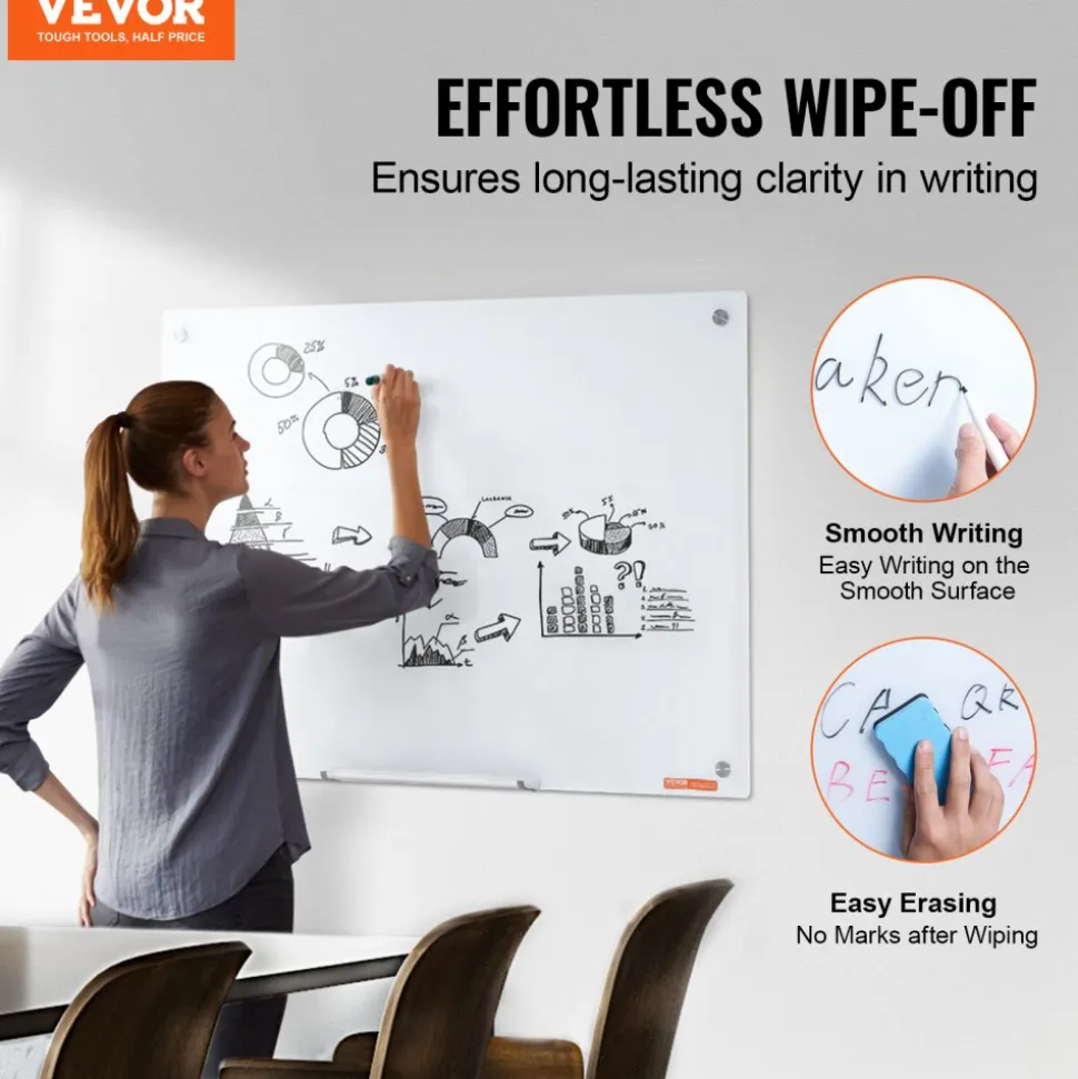 VEVOR Magnetic Glass Whiteboard, Dry Erase Board 36"x24", Wall-Mounted Large White Glassboard Frameless, with Marker Tray, an Eraser and 2 Markers, White