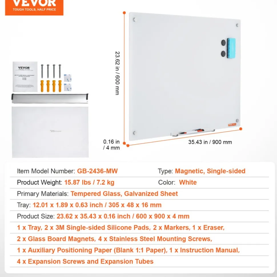 VEVOR Magnetic Glass Whiteboard, Dry Erase Board 36"x24", Wall-Mounted Large White Glassboard Frameless, with Marker Tray, an Eraser and 2 Markers, White