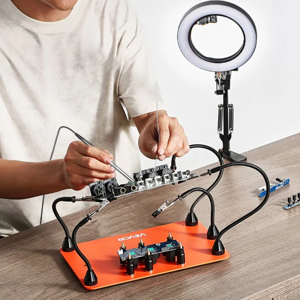 VEVOR Magnetic Helping Hands Soldering Station, 4 Flexible Arms Third Hand Tool, with 6 PCB Pillar Holders & 360 Hot Air Gun Holder, Heavy-Duty Base Soldering Helper for Electronic Repair Craft