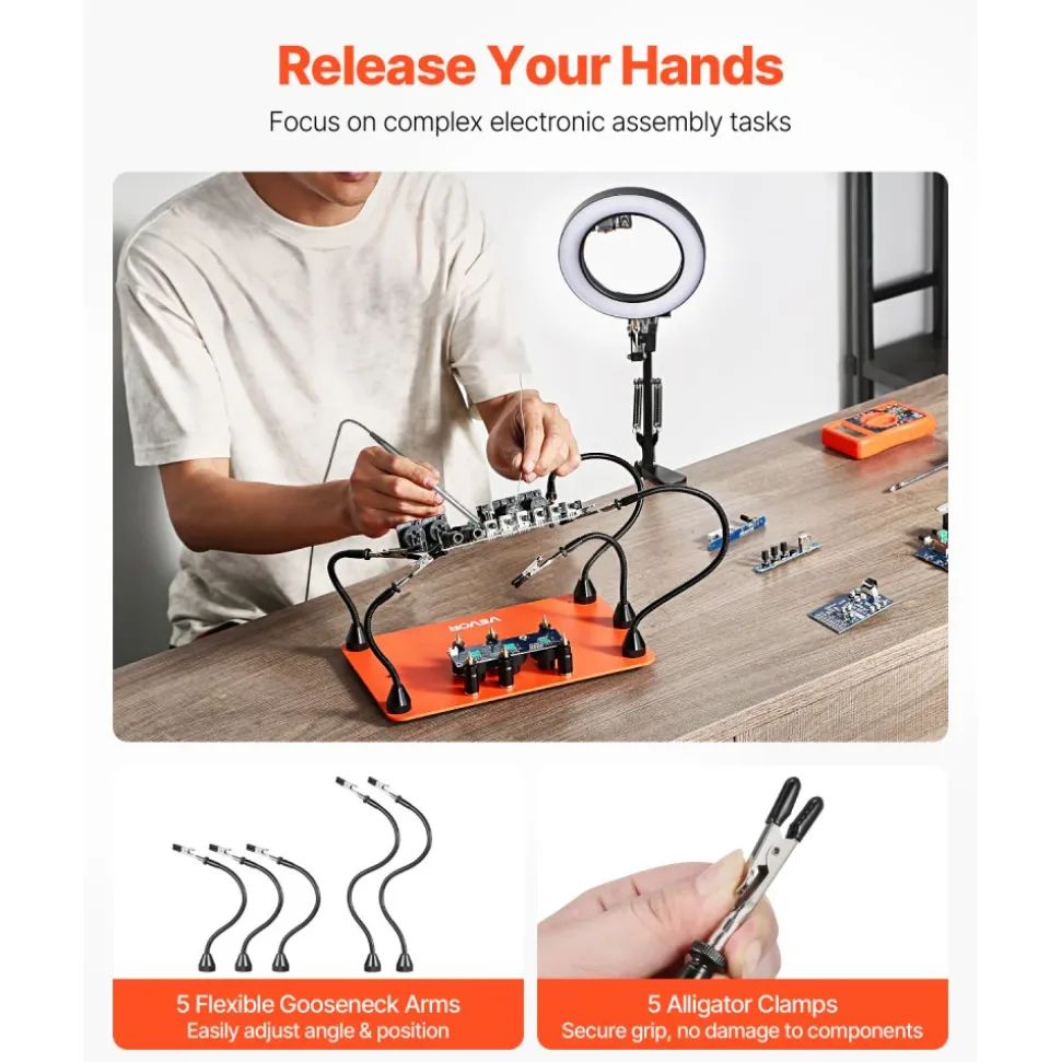 VEVOR Magnetic Helping Hands Soldering Station, 4 Flexible Arms Third Hand Tool, with 6 PCB Pillar Holders & 360 Hot Air Gun Holder, Heavy-Duty Base Soldering Helper for Electronic Repair Craft