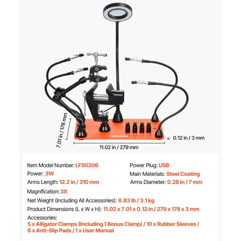 VEVOR Magnetic Helping Hands Soldering Station, 4 Arms Third Hand Tool, with Vise, 3X LED Magnifying Lamp, 4 PCB Holder & 360 Hot Air Gun Holder, Soldering Helper for Electronic Repair Craft Hobby DIY