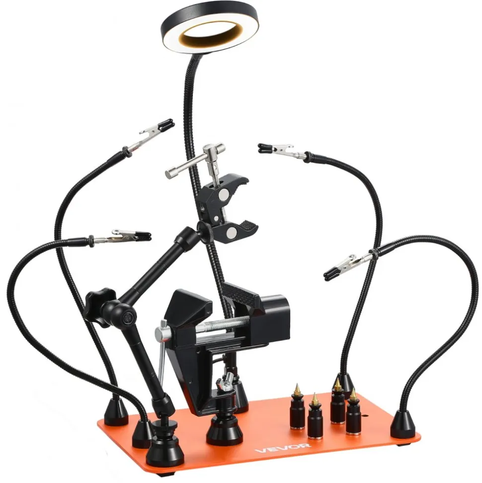 VEVOR Magnetic Helping Hands Soldering Station, 4 Arms Third Hand Tool, with Vise, 3X LED Magnifying Lamp, 4 PCB Holder & 360 Hot Air Gun Holder, Soldering Helper for Electronic Repair Craft Hobby DIY