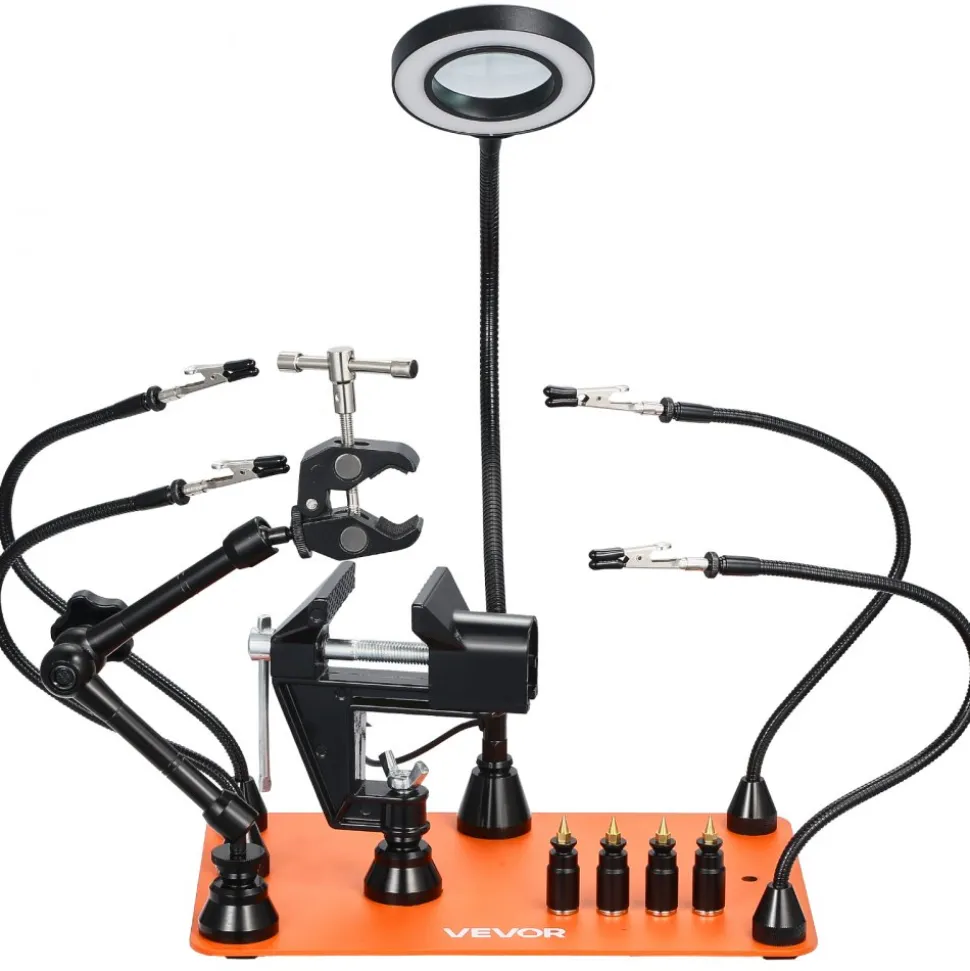 VEVOR Magnetic Helping Hands Soldering Station, 4 Arms Third Hand Tool, with Vise, 3X LED Magnifying Lamp, 4 PCB Holder & 360 Hot Air Gun Holder, Soldering Helper for Electronic Repair Craft Hobby DIY