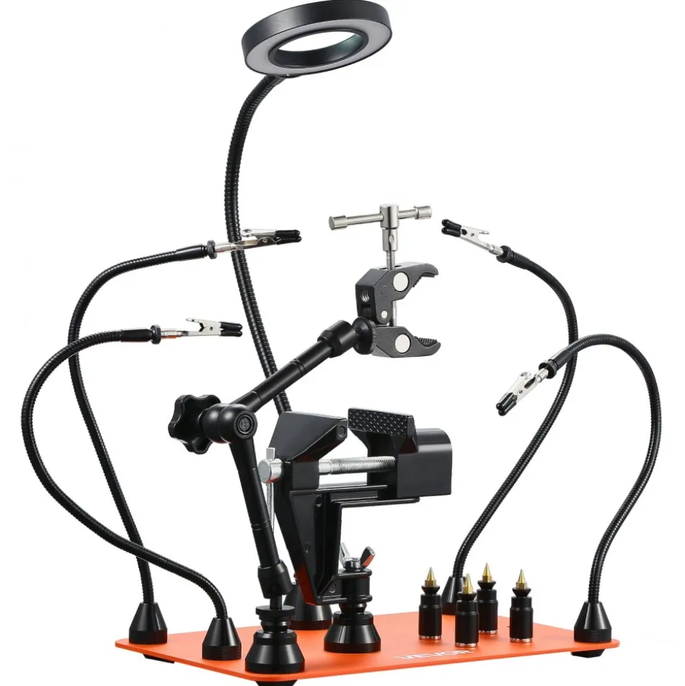 VEVOR Magnetic Helping Hands Soldering Station, 4 Arms Third Hand Tool, with Vise, 3X LED Magnifying Lamp, 4 PCB Holder & 360 Hot Air Gun Holder, Soldering Helper for Electronic Repair Craft Hobby DIY