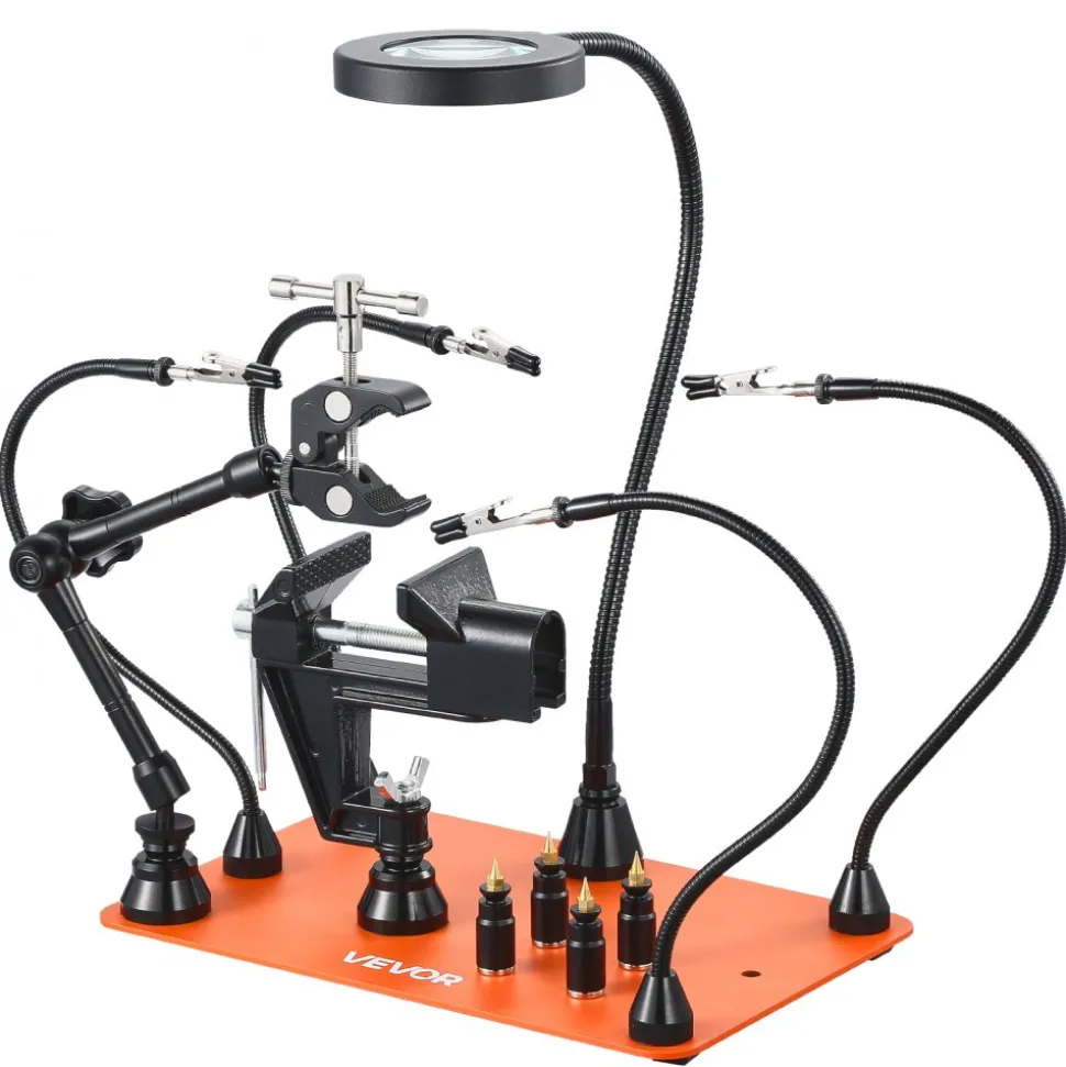 VEVOR Magnetic Helping Hands Soldering Station, 4 Arms Third Hand Tool, with Vise, 3X LED Magnifying Lamp, 4 PCB Holder & 360 Hot Air Gun Holder, Soldering Helper for Electronic Repair Craft Hobby DIY