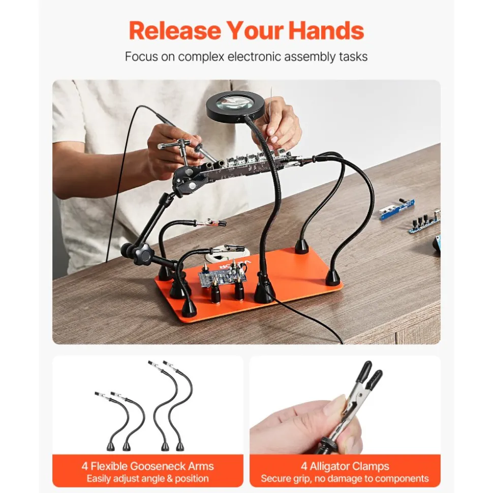 VEVOR Magnetic Helping Hands Soldering Station, 4 Flexible Arms Third Hand Tool with 3X LED Magnifying Lamp & Non-Slip Heavy-Duty Base, Soldering Helping Hands for Electronic Repair Craft Hobby DIY