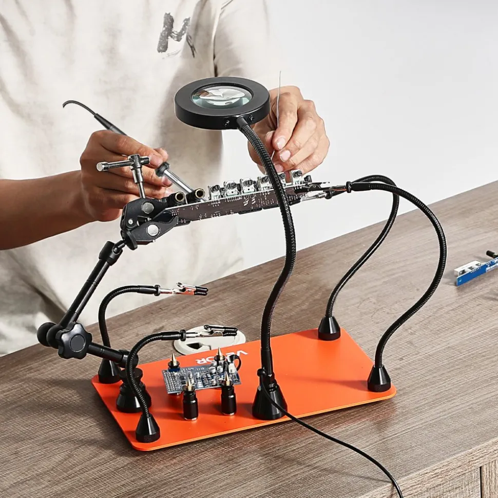 VEVOR Magnetic Helping Hands Soldering Station, 4 Flexible Arms Third Hand Tool with 3X LED Magnifying Lamp & Non-Slip Heavy-Duty Base, Soldering Helping Hands for Electronic Repair Craft Hobby DIY