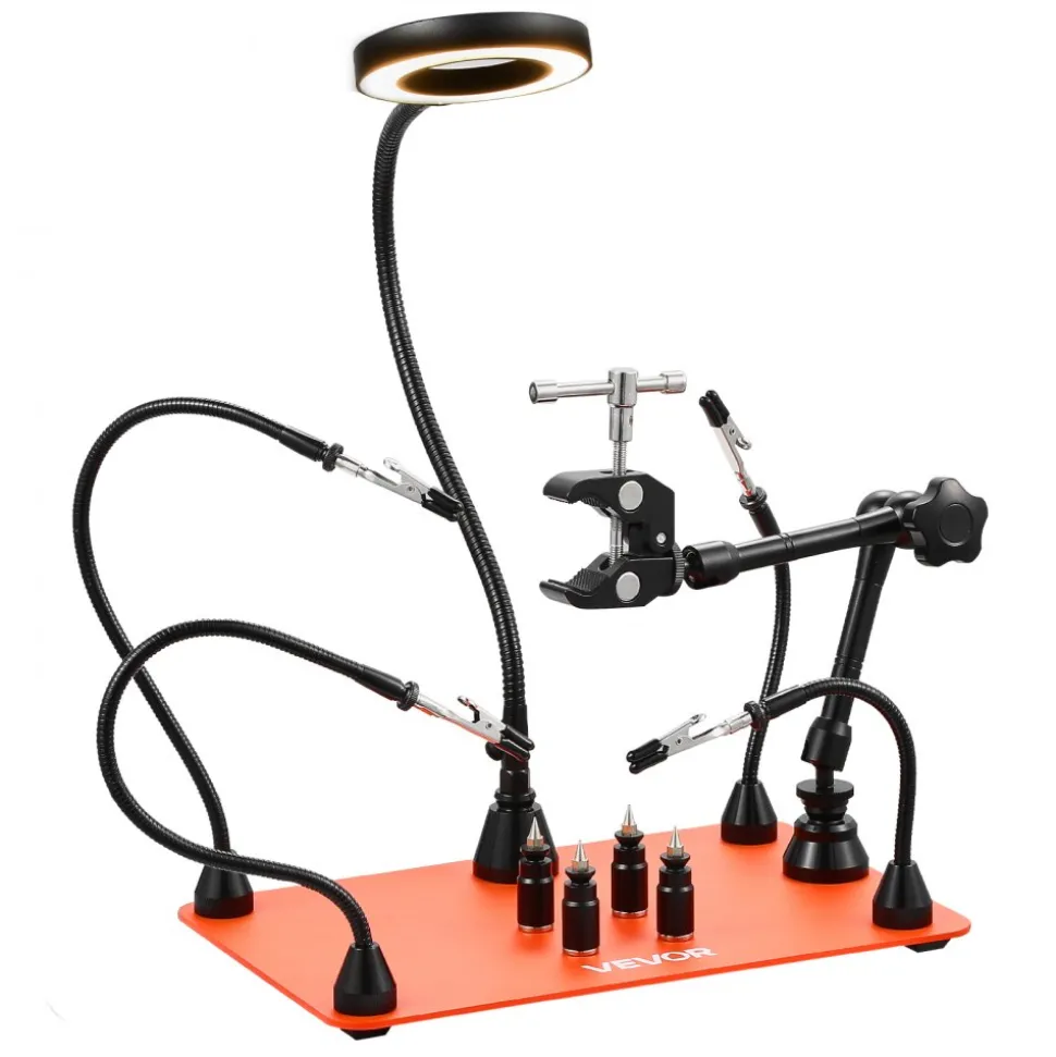 VEVOR Magnetic Helping Hands Soldering Station, 4 Flexible Arms Third Hand Tool with 3X LED Magnifying Lamp & Non-Slip Heavy-Duty Base, Soldering Helping Hands for Electronic Repair Craft Hobby DIY