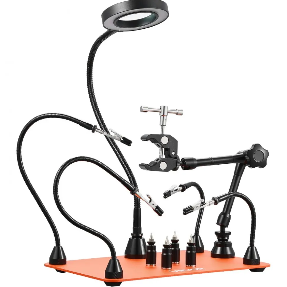 VEVOR Magnetic Helping Hands Soldering Station, 4 Flexible Arms Third Hand Tool with 3X LED Magnifying Lamp & Non-Slip Heavy-Duty Base, Soldering Helping Hands for Electronic Repair Craft Hobby DIY