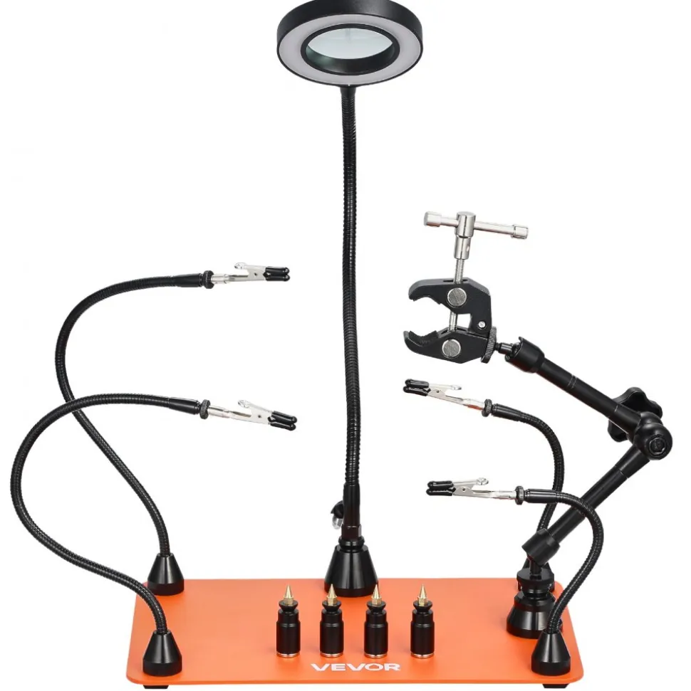 VEVOR Magnetic Helping Hands Soldering Station, 4 Flexible Arms Third Hand Tool with 3X LED Magnifying Lamp & Non-Slip Heavy-Duty Base, Soldering Helping Hands for Electronic Repair Craft Hobby DIY