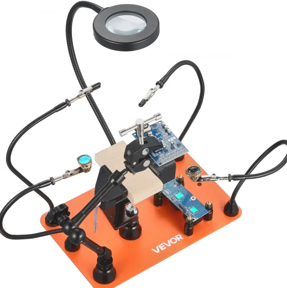 VEVOR Magnetic Helping Hands Soldering Station, 4 Flexible Arms Third Hand Tool with 3X LED Magnifying Lamp & Non-Slip Heavy-Duty Base, Soldering Helping Hands for Electronic Repair Craft Hobby DIY