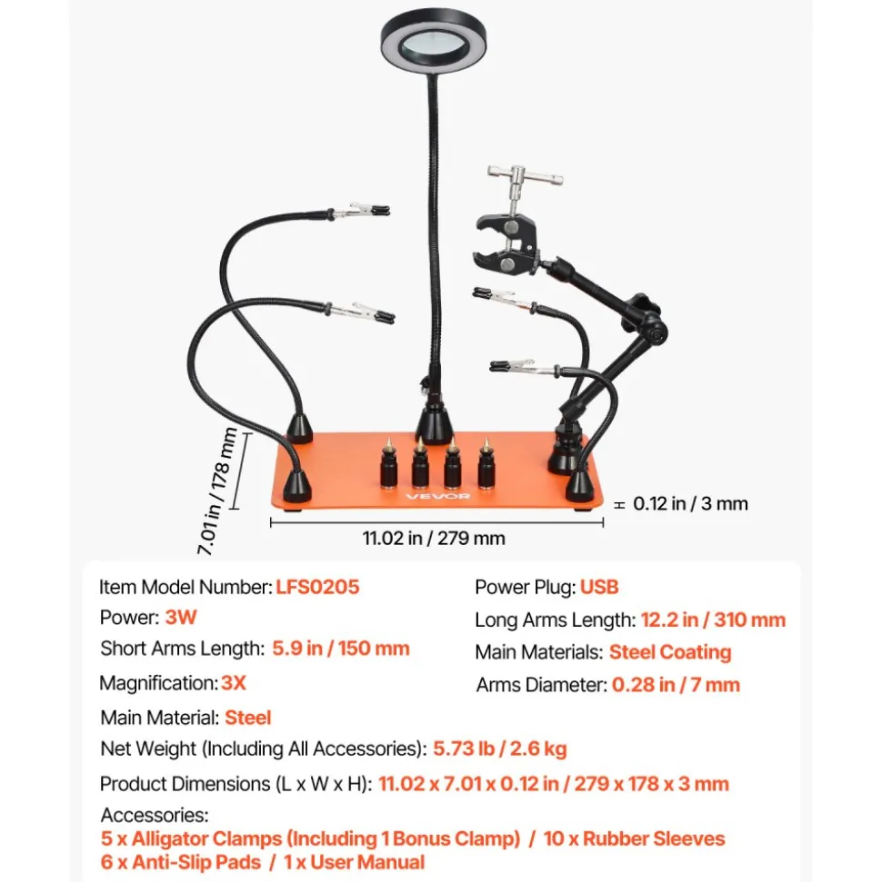 VEVOR Magnetic Helping Hands Soldering Station, 4 Flexible Arms Third Hand Tool with 3X LED Magnifying Lamp & Non-Slip Heavy-Duty Base, Soldering Helping Hands for Electronic Repair Craft Hobby DIY