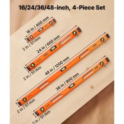 VEVOR Magnetic Level Set, 4-Piece Included 16/24/36/48 in, Aluminum Alloy I-Beam Bubble Leveler with Clear 3 Green Vials & Hanging Hole, Level Tool Ideal for Hanging Pictures, Home Improvement & DIY