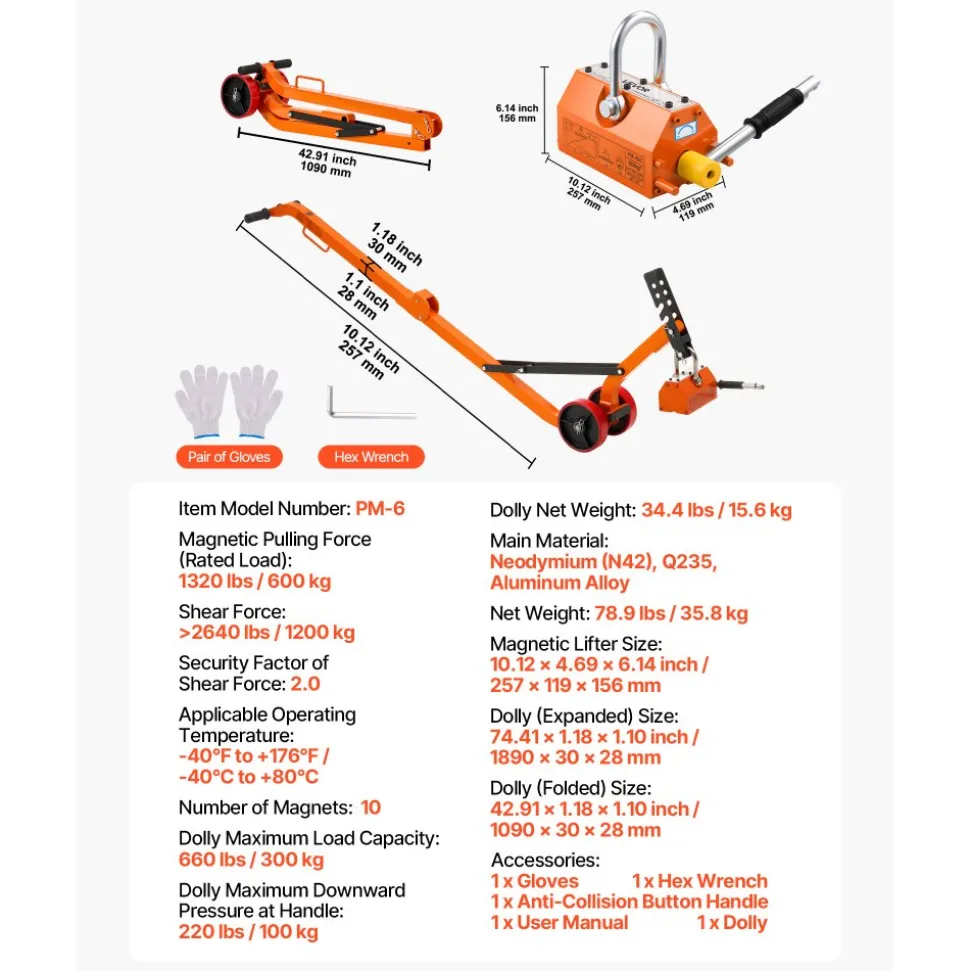 VEVOR Magnetic Lid Lifter Dolly, 1320 lbs Pulling Capacity, Steel Dolly with Heavy Duty Magnet Lift and 2 Wheels, Adjustable Handle, N42 Neodymium, Foldable and Portable, for Lifting Manhole Covers