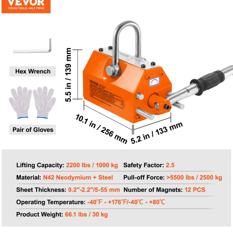 VEVOR Magnetic Lifter, 2200lbs/1000kg Pulling Capacity, 2.5 Safety Factor, Neodymium & Steel, Lifting Magnet with Release, Permanent Lift Magnets, Heavy Duty Magnet for Hoist, Shop Crane, Block, Board