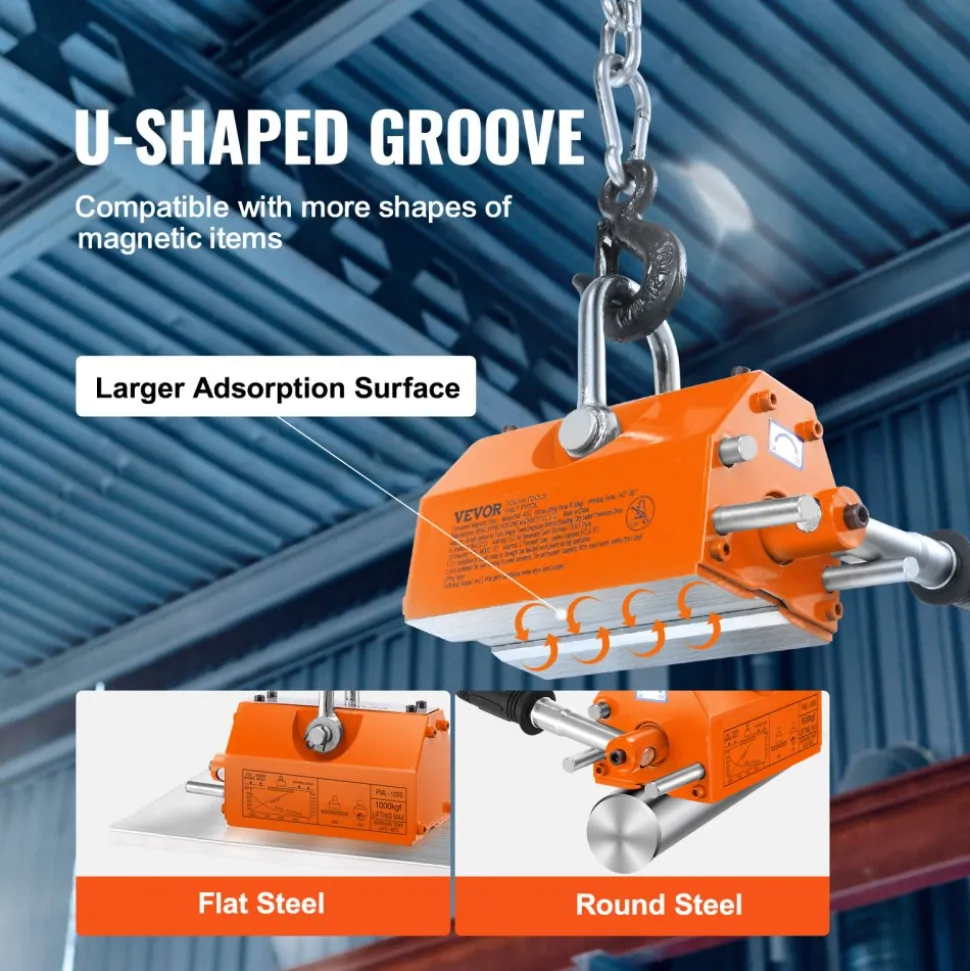VEVOR Magnetic Lifter, 2200lbs/1000kg Pulling Capacity, 2.5 Safety Factor, Neodymium & Steel, Lifting Magnet with Release, Permanent Lift Magnets, Heavy Duty Magnet for Hoist, Shop Crane, Block, Board