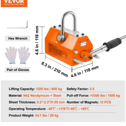 VEVOR Magnetic Lifter, 1320 lbs/600kg Pulling Capacity, 2.5 Safety Factor, Steel and Neodymium, Lifting Magnet with Release, Permanent Lift Magnets, Heavy Duty Magnet for Hoist, Block, Shop Crane