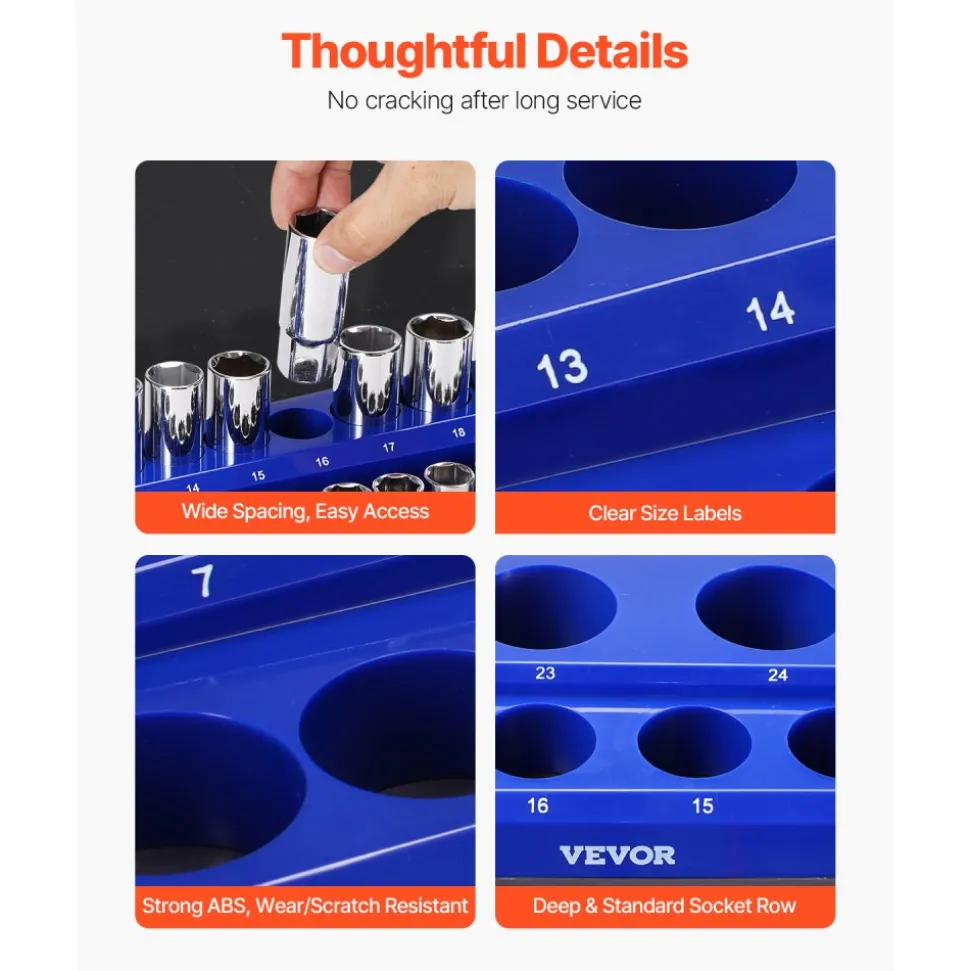 VEVOR Magnetic Socket Organizer Set, 6PCS Socket Holder, 1/4'', 3/8'' & 1/2'' Metric SAE Socket Trays with Clear Labels, Hold up to 143PCS Standard & Deep Sockets, Blue & Red (Sockets Not Included)