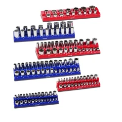 VEVOR Magnetic Socket Organizer Set, 6PCS Socket Holder, 1/4'', 3/8'' & 1/2'' Metric SAE Socket Trays with Clear Labels, Hold up to 143PCS Standard & Deep Sockets, Blue & Red (Sockets Not Included)