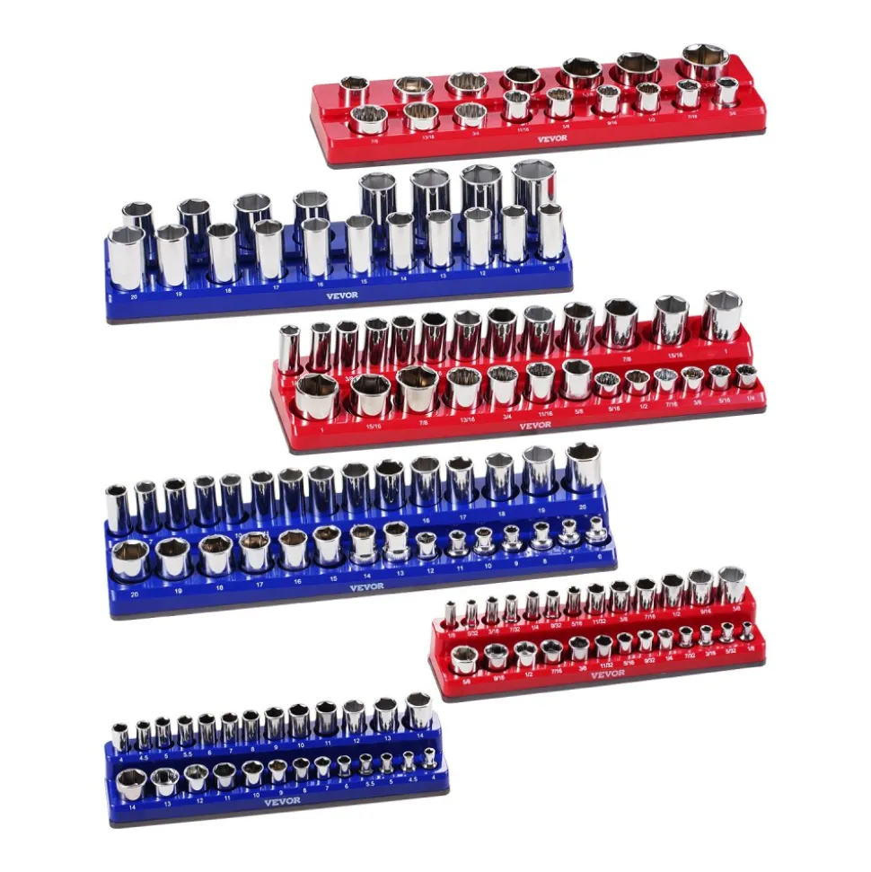 VEVOR Magnetic Socket Organizer Set, 6PCS Socket Holder, 1/4'', 3/8'' & 1/2'' Metric SAE Socket Trays with Clear Labels, Hold up to 143PCS Standard & Deep Sockets, Blue & Red (Sockets Not Included)