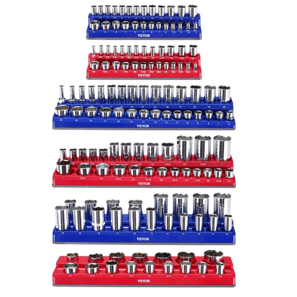 VEVOR Magnetic Socket Organizer Set, 6PCS Socket Holder, 1/4'', 3/8'' & 1/2'' Metric SAE Socket Trays with Clear Labels, Hold up to 143PCS Standard & Deep Sockets, Blue & Red (Sockets Not Included)