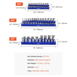 VEVOR Magnetic Socket Organizer Set, 6PCS Socket Holder, 1/4'', 3/8'' & 1/2'' Metric SAE Socket Trays with Clear Labels, Hold up to 143PCS Standard & Deep Sockets, Blue & Red (Sockets Not Included)