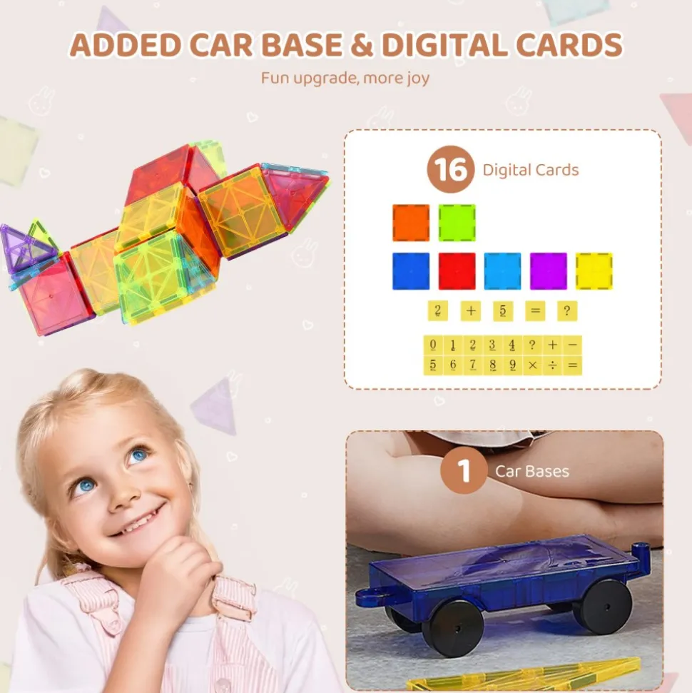 VEVOR Magnetic Tiles, 55 PCS Magnetic Building Blocks for Kids, Magnet Building Set with Car Base & 16 Digital Cards, STEM Educational Construction Stacking Toys Gift for Toddlers Boys Girls Aged 4+