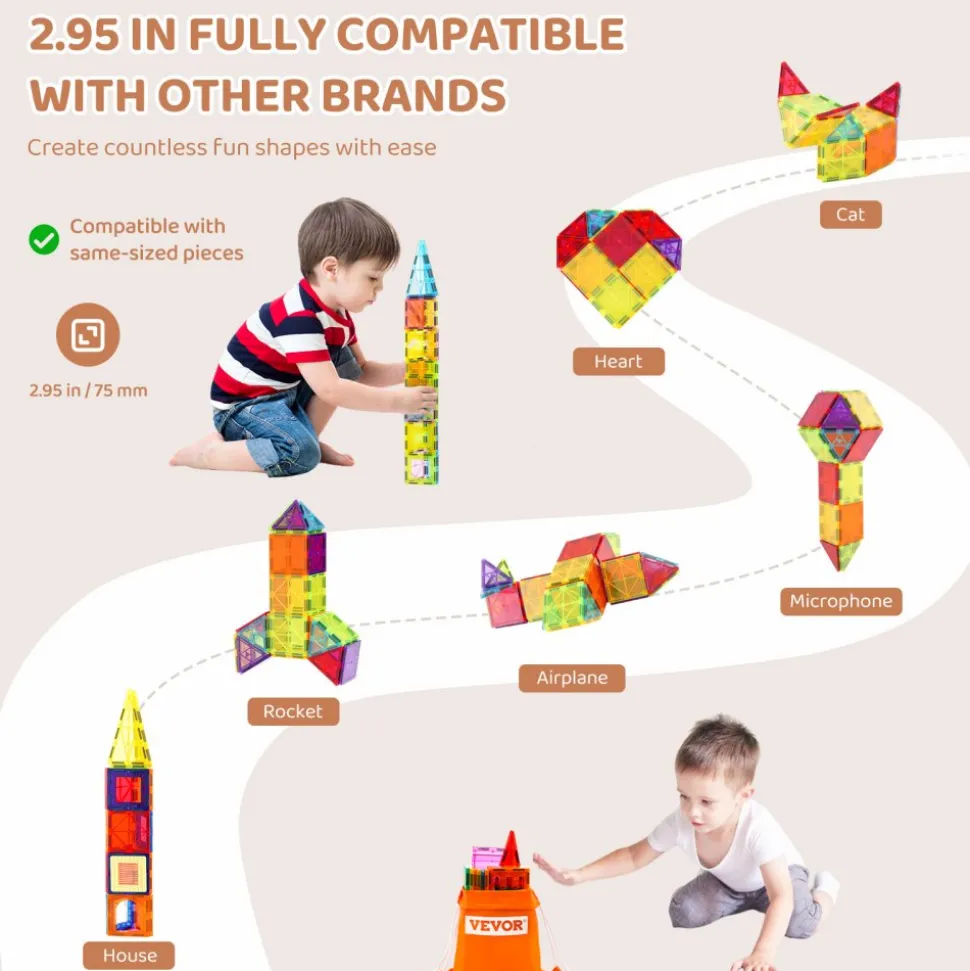 VEVOR Magnetic Tiles, 55 PCS Magnetic Building Blocks for Kids, Magnet Building Set with Car Base & 16 Digital Cards, STEM Educational Construction Stacking Toys Gift for Toddlers Boys Girls Aged 4+