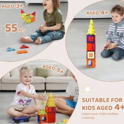 VEVOR Magnetic Tiles, 55 PCS Magnetic Building Blocks for Kids, Magnet Building Set with Car Base & 16 Digital Cards, STEM Educational Construction Stacking Toys Gift for Toddlers Boys Girls Aged 4+