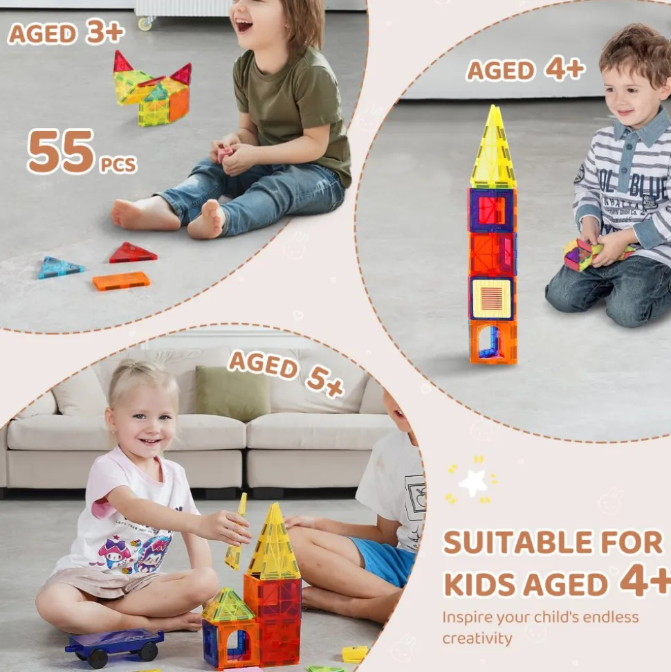 VEVOR Magnetic Tiles, 55 PCS Magnetic Building Blocks for Kids, Magnet Building Set with Car Base & 16 Digital Cards, STEM Educational Construction Stacking Toys Gift for Toddlers Boys Girls Aged 4+