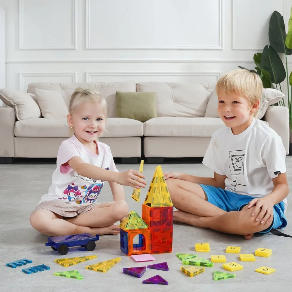VEVOR Magnetic Tiles, 55 PCS Magnetic Building Blocks for Kids, Magnet Building Set with Car Base & 16 Digital Cards, STEM Educational Construction Stacking Toys Gift for Toddlers Boys Girls Aged 4+