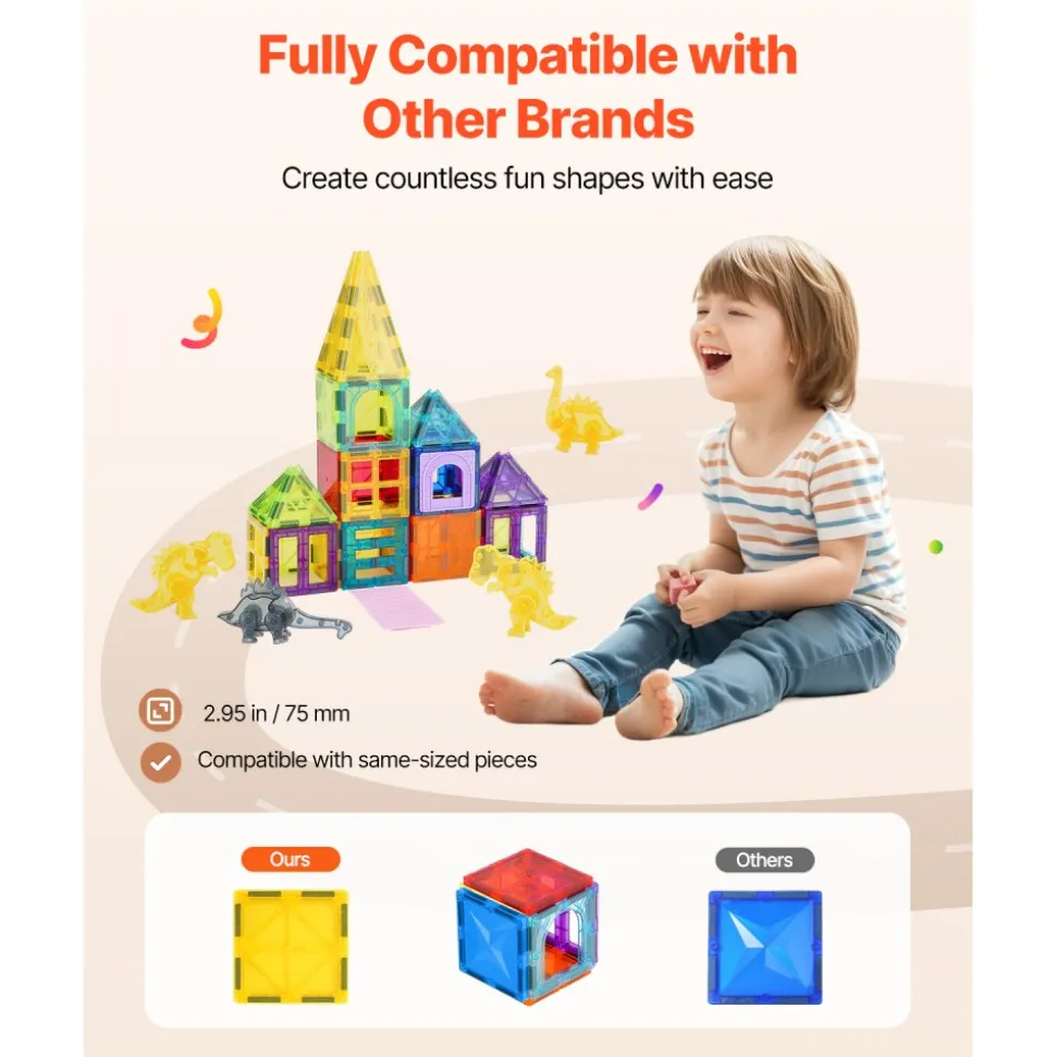 VEVOR Magnetic Tiles, 56 PCS Magnetic Animals Building Blocks for Kids, Magnet Building Set with 4 Dinosaurs, STEM Sensory Educational Construction Stacking Toys Gift for Toddlers Boys Girls Aged 3+