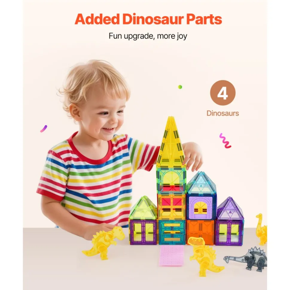 VEVOR Magnetic Tiles, 56 PCS Magnetic Animals Building Blocks for Kids, Magnet Building Set with 4 Dinosaurs, STEM Sensory Educational Construction Stacking Toys Gift for Toddlers Boys Girls Aged 3+